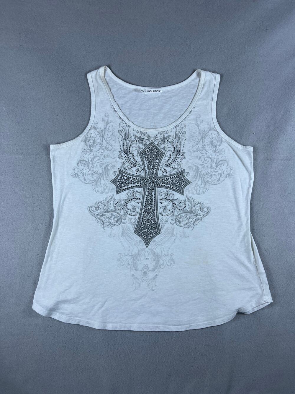 Maurices Y2K Tank Top Womens 1X White Scoop Neck Rhinestone Cross Paisley Edgy